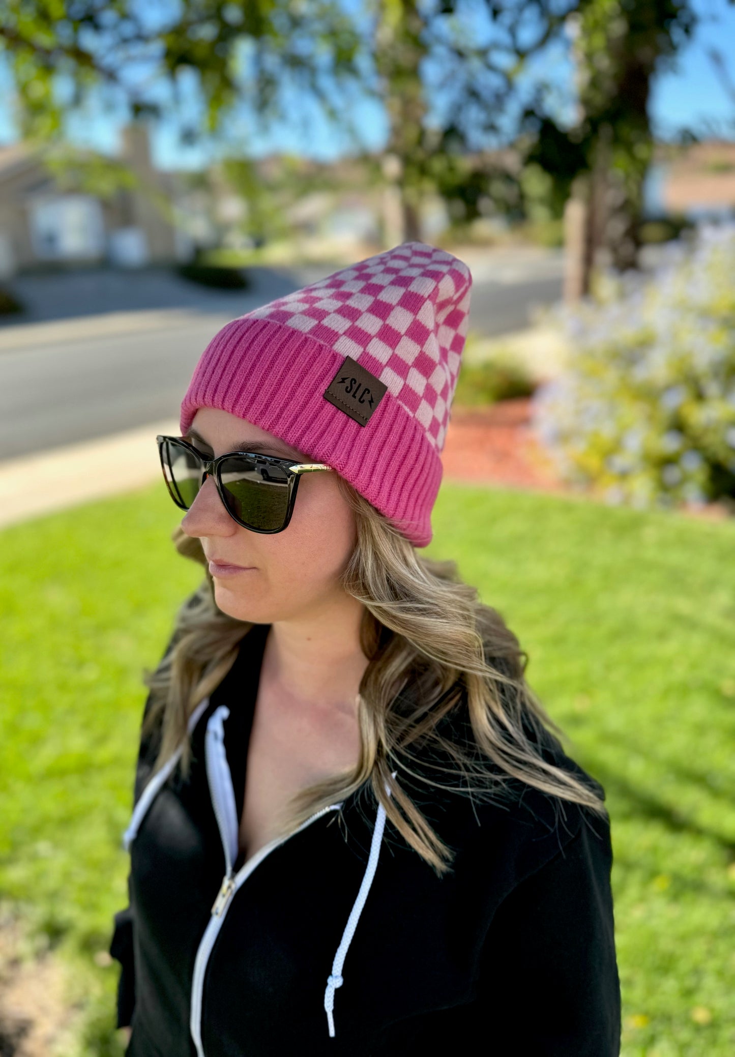 WOMENS CHECKRED BEANIE - PINK